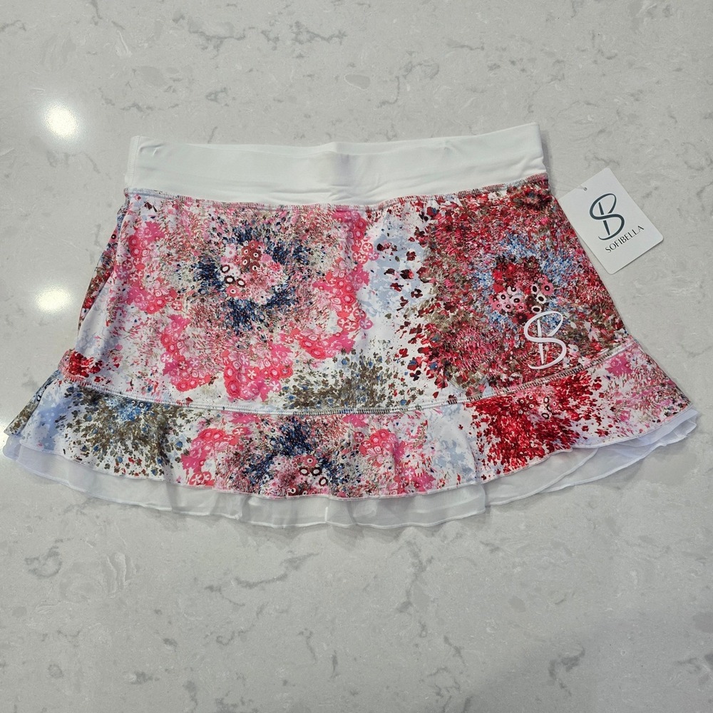 Sofibella Womens 13" Tennis Golf Skort Floral Abstract Ruffle Pink White 7010 L
